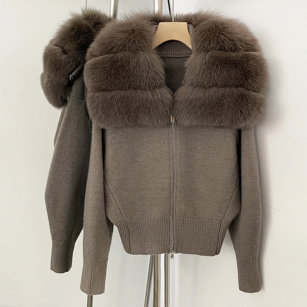 OFTBUY Women's Real Fox Raccoon Fur Collar Knit Zip Up Cardigan Ribbed Hem Warm Winter Sweater Jacket Female Luxury Outerwear