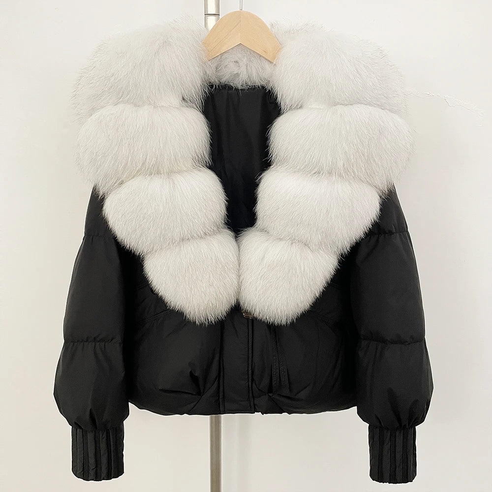 OFTBUY Luxury 90% Duck Down Puffer Jacket with Oversized Real Fox Fur Collar - Short Tiered Winter Coat