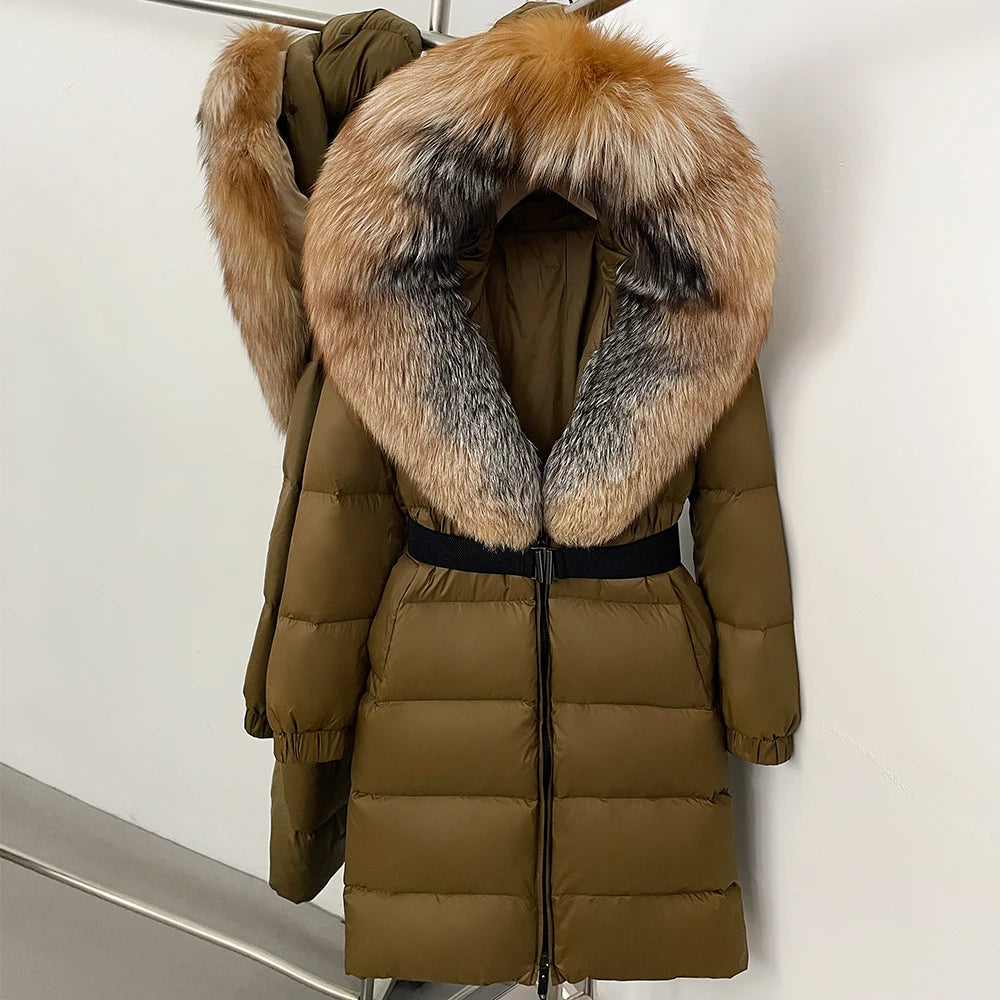 OFTBUY New Natural Thick Warm Duck Down Coat Female Long Winter Jacket Women Real Big Fox Fur Collar Belt Loose Puffer Parka