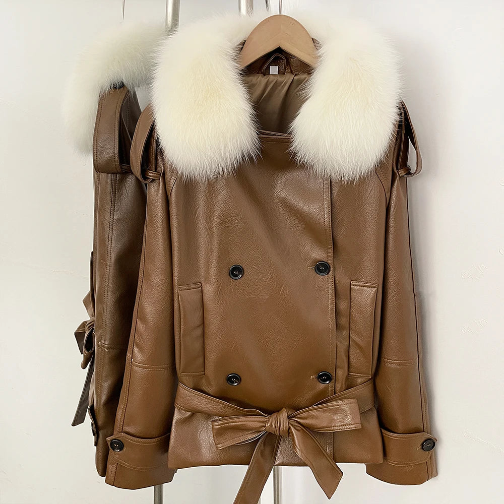 OFTBUY Women's Real Fox Raccoon Fur Collar Faux Leather Trench Coat Double Breasted PU Jacket with Belt Luxury Winter Outerwear