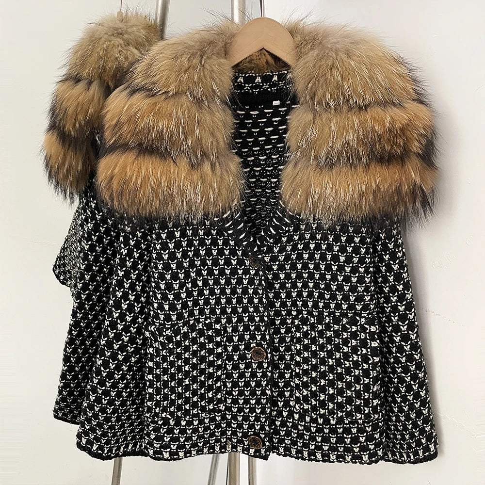 OFTBUY Women's Real Fox Raccoon Fur Collar Houndstooth Knit Cardigan Warm Winter Sweater Coat Female Luxury Elegant Outerwear
