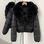 OFTBUY New Puffer Jacket Women with Large Natural Fox Fur Collar Short Fluffy Thick Parkas Female 90% White Duck Down Coat Lady