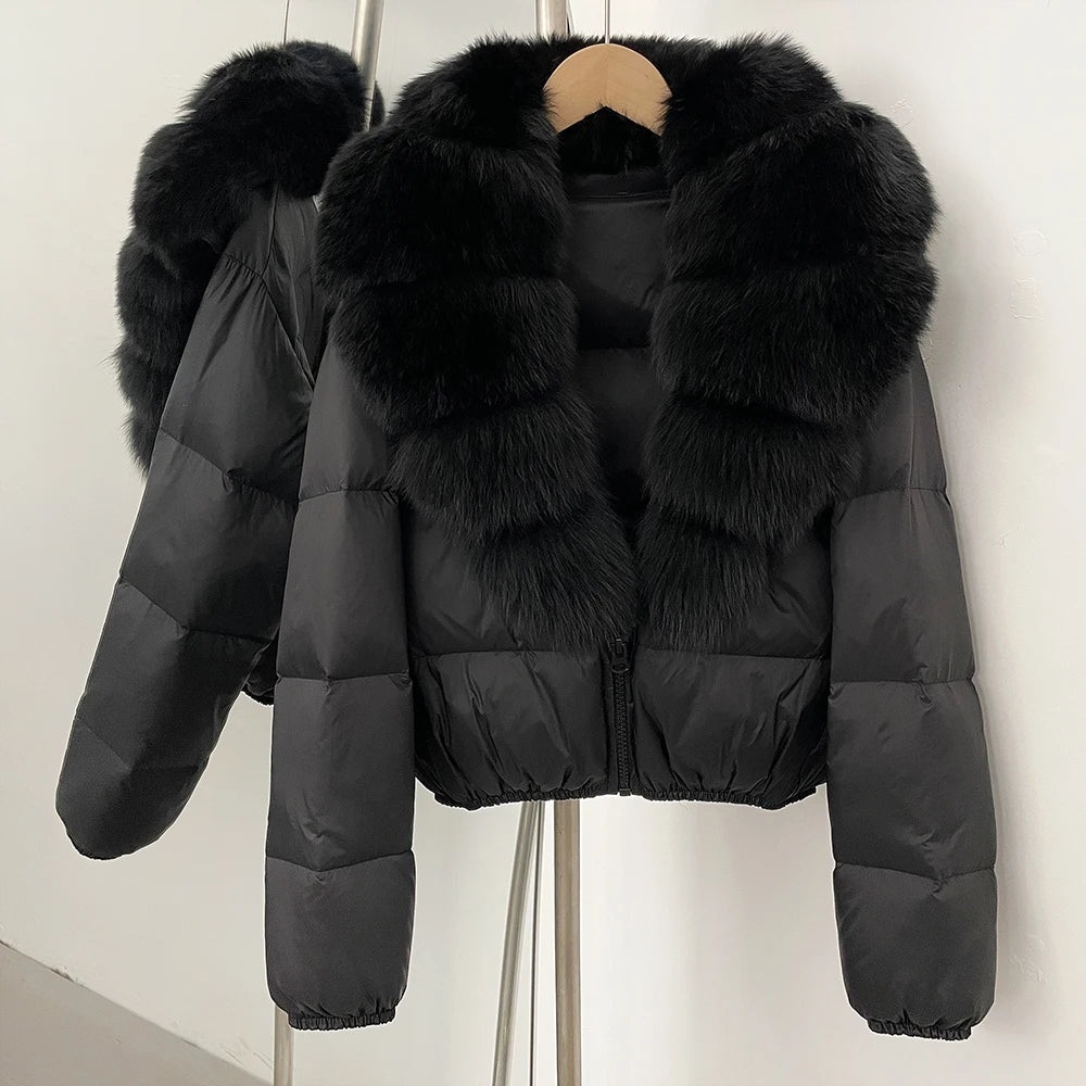 OFTBUY New Puffer Jacket Women with Large Natural Fox Fur Collar Short Fluffy Thick Parkas Female 90% White Duck Down Coat Lady