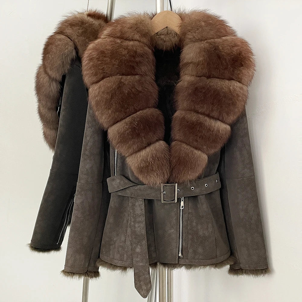 OFTBUY New Women's Suede Jacket with Real Fox Fur Collar Real Rabbit Fur Lining Coat Female Belted Warm Winter Luxury Outerwear