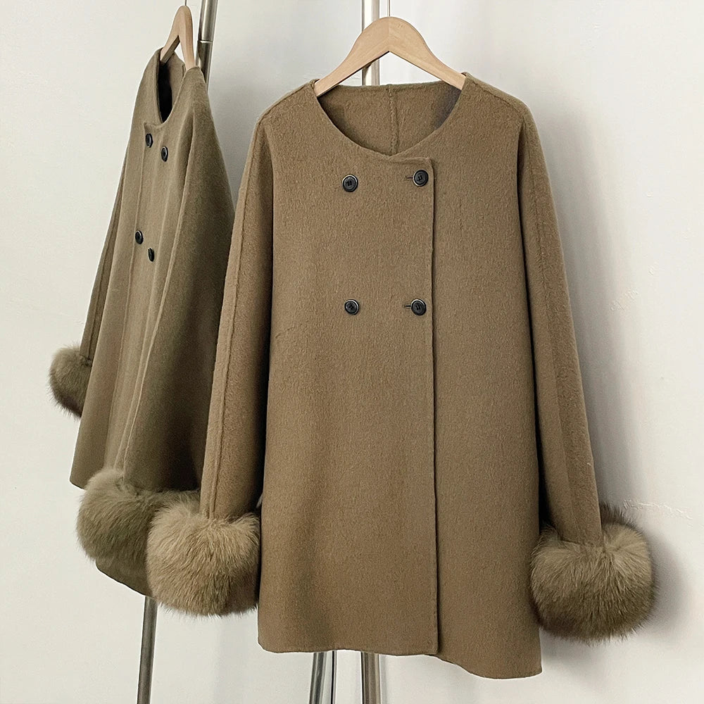 OFTBUY New Women's Double-Faced Wool Coat with Real Fox Fur Cuffs Round Neck Warm Winter Elegant Fashion Outerwear Woolen Coat
