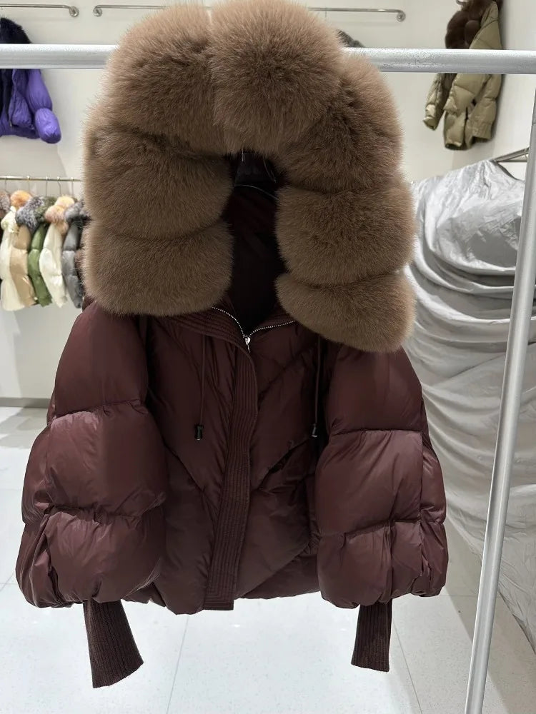 OFTBUY New Winter Large Real Fur Hooded Puffer Jacket Women Thicken Warm Knitted Sleeve Coat Lady White Duck Down Mid Long Parka