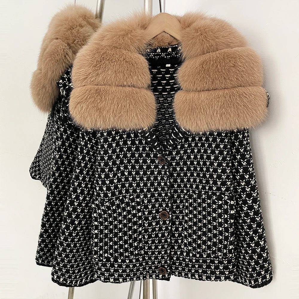 OFTBUY Women's Real Fox Raccoon Fur Collar Houndstooth Knit Cardigan Warm Winter Sweater Coat Female Luxury Elegant Outerwear
