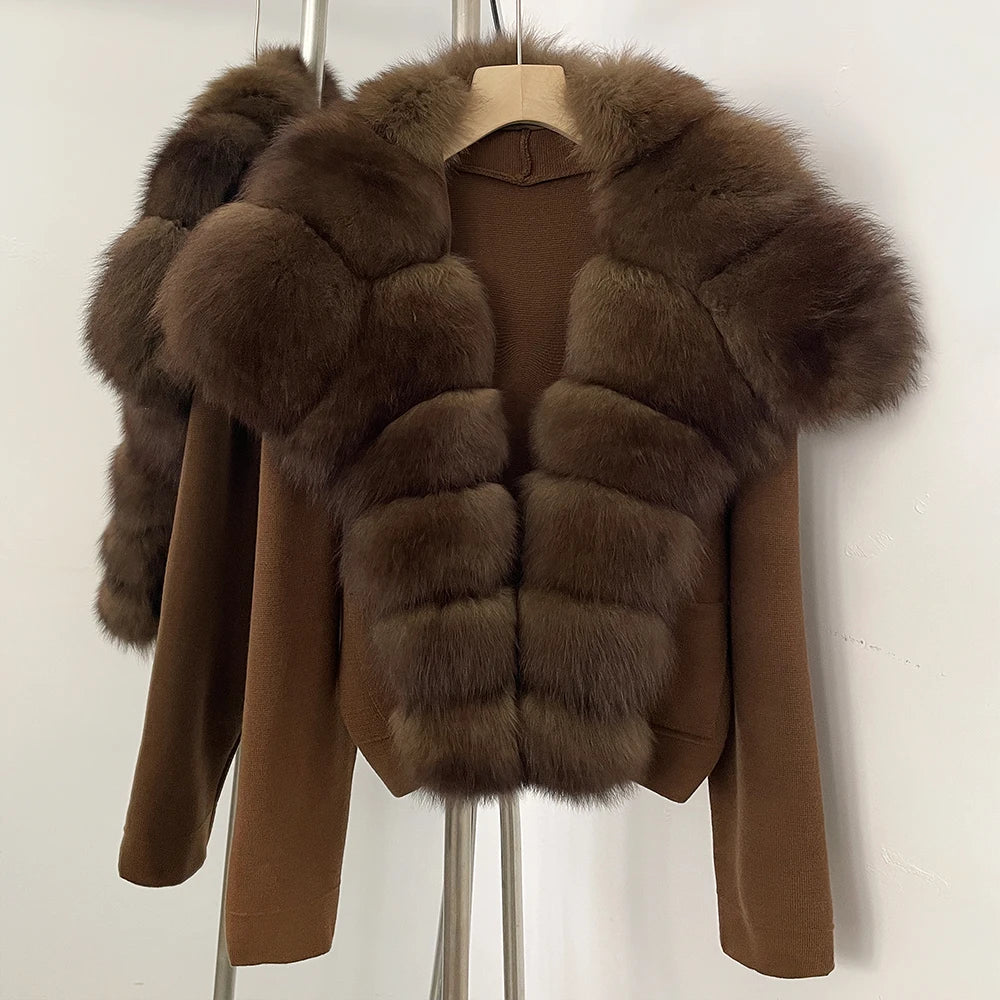OFTBUY Women's Short Cardigan with Big Real Fox Fur Collar New Autumn Winter Knit Clothing Female Natural Fur Warm Sweater Lady