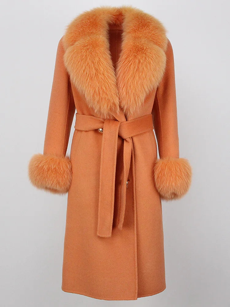 OFTBUY Winter Jacket Women Long Natural Wool Blends Cashmere Real Fur Coat Double Breasted Belt Warm Streetwear New Fashion