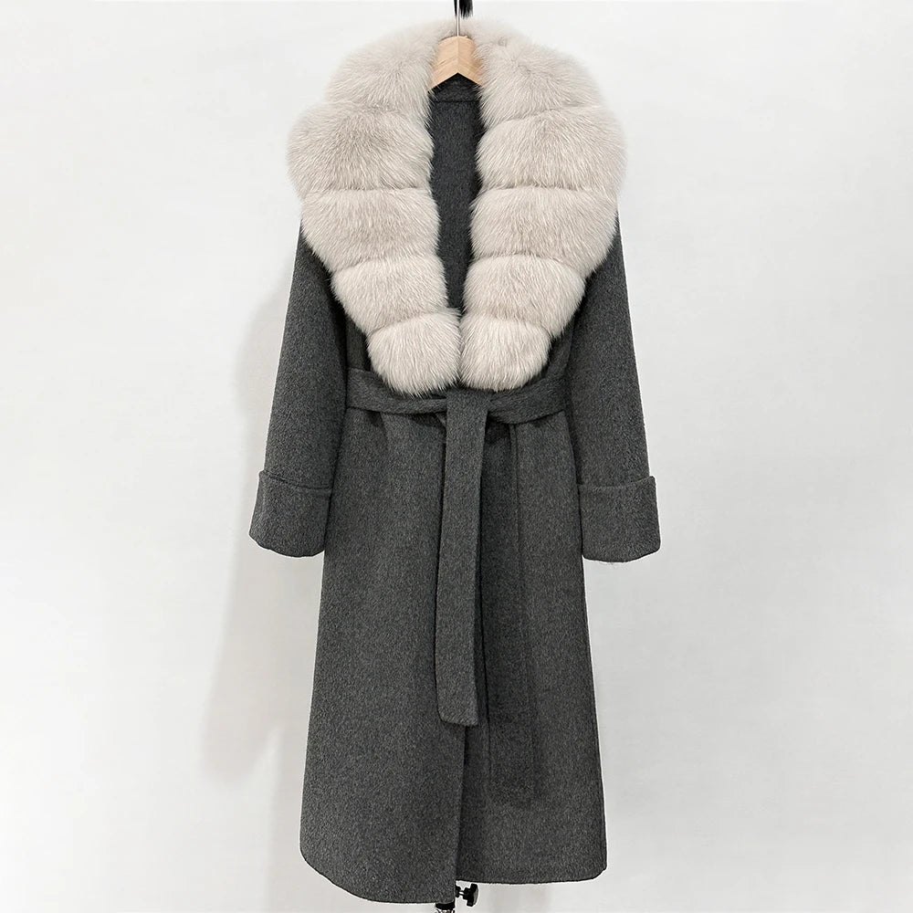 OFTBUY Long Belt 100% Wool Coat with Real Fox Fur Collar Warm Natural Fur Woolen Jacket Female New Autumn Winter Clothing Women