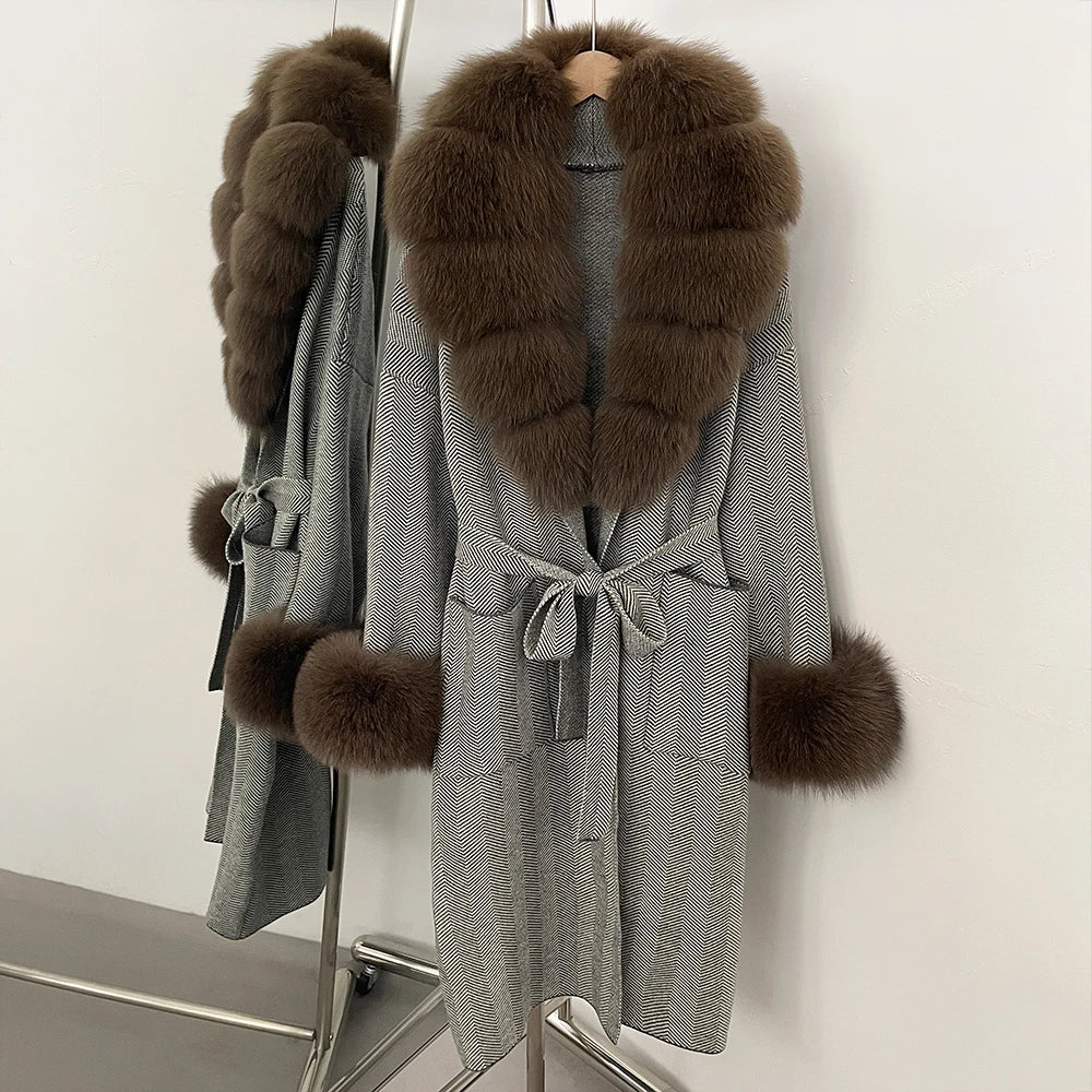 OFTBUY Winter Elegant Outerwear Warm Long Coat Lady New Women's Knit Coat with Large Real Fox Fur Collar Belted Cardigan Female