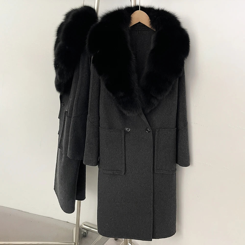 OFTBUY Double Breasted Pockets Long Luxury Warm Winter Outerwear New Women's Double-Faced Wool Coat with Real Fox Fur Collar