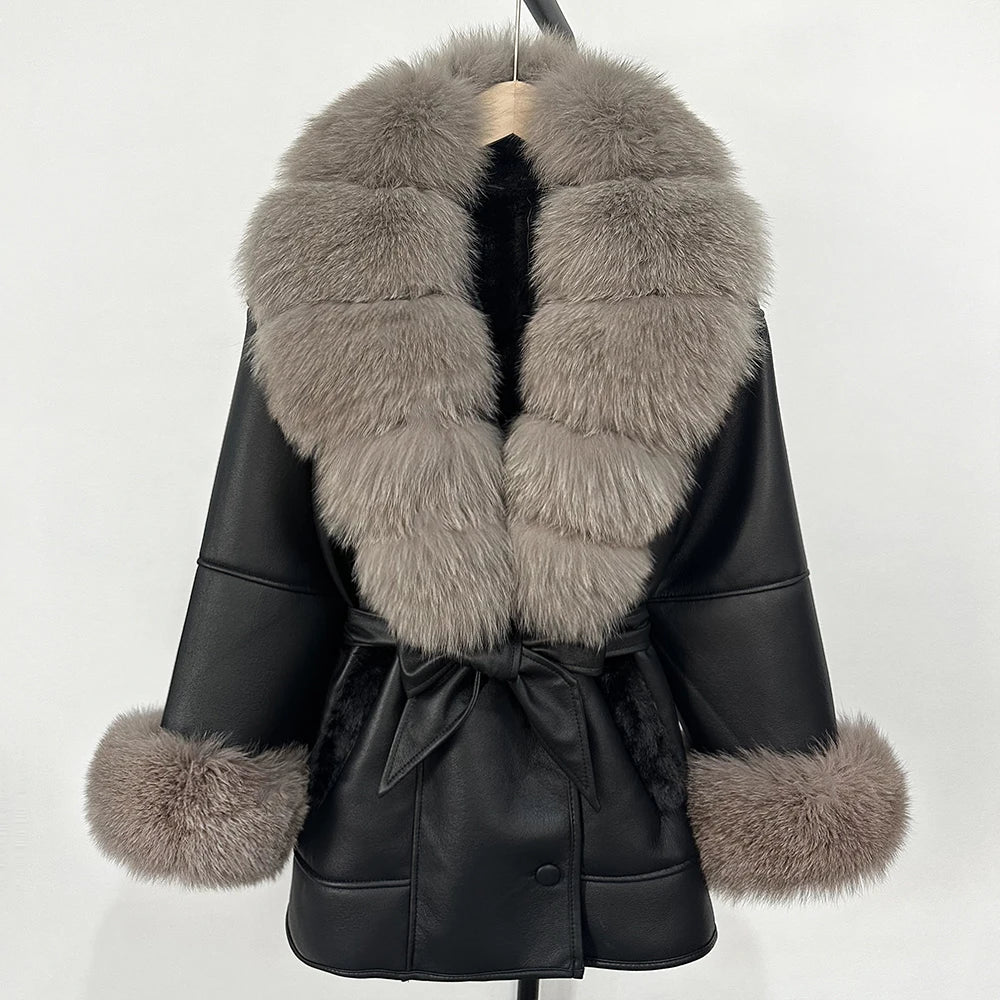 OFTBUY Large Natural Fox Fur Women Faux Leather Jacket Autumn Winter Fashion Ladies Warm Retor Faux Lamb Fur Coat Outwear
