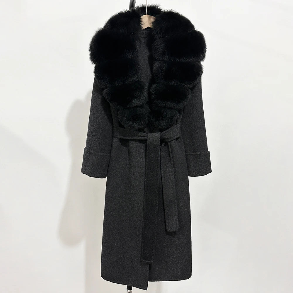 OFTBUY Long Belt 100% Wool Coat with Real Fox Fur Collar Warm Natural Fur Woolen Jacket Female New Autumn Winter Clothing Women