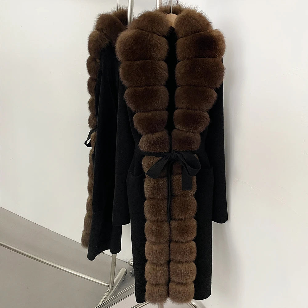 OFTBUY New Women's Knit Long Coat with Full Real Fox Fur  Belted Pockets Warm Winter Elegant Fashion Outerwear Cardigan Sweater