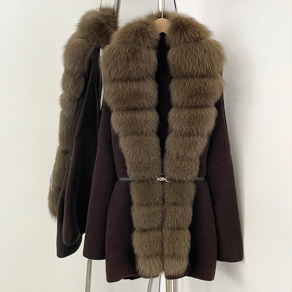 OFTBUY Metal Belt Knit Warm Winter Luxury Fashion Outerwear Sweater Cardigan New Women's Knit Coat with Full Real Fox Fur Front