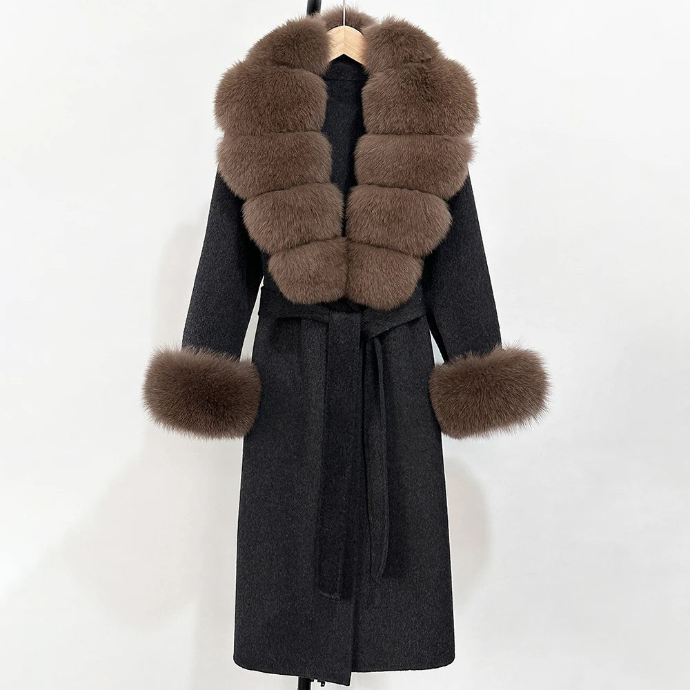 OFTBUY Fashion Warm Woolen Jacket with Real Fox Fur Collar and Cuffs New Autumn Winter Wool Clothing Women Long Belt Outerwear