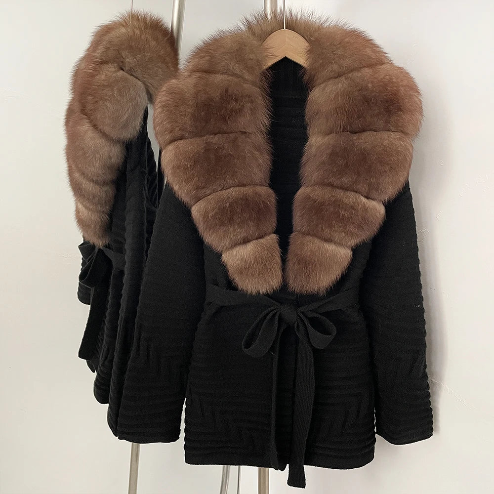 OFTBUY New Women's Knit Coat with Large Real Fox Fur Collar Belted Waist Striped Texture Pockets Winter Luxury Elegant Outerwear