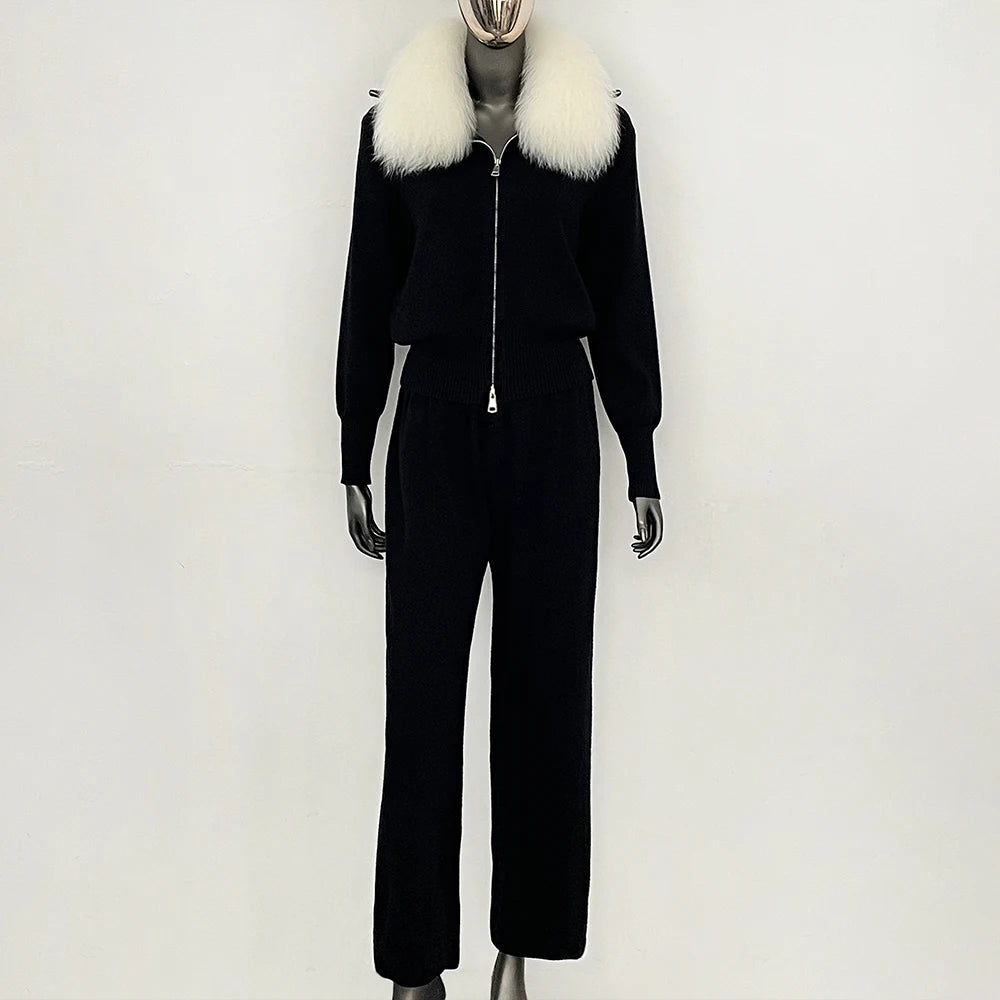 OFTBUY Winter New Women's Knitted Tracksuit Set with Fox Fur Collar Zipper Jacket Wide Leg Pants Luxury Casual Two-Piece Outfit