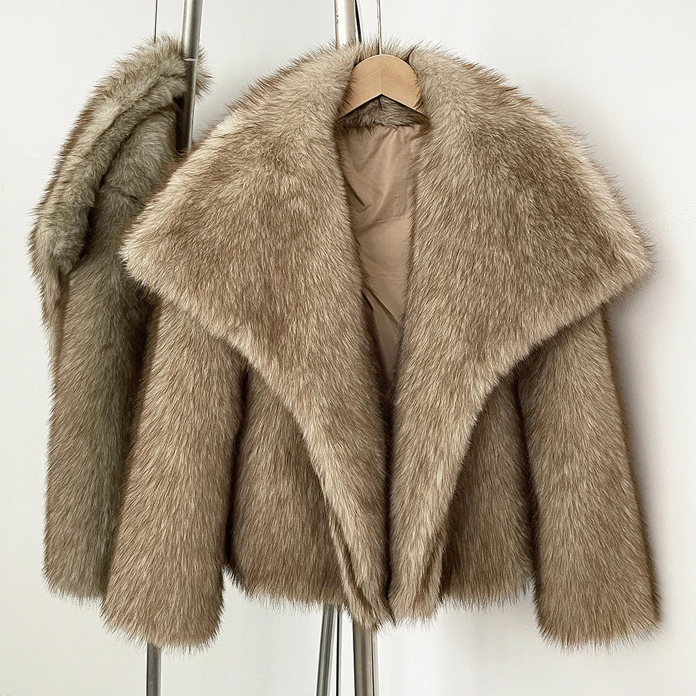 OFTBUY High Street Luxury Big Fur Collar Faux Fox Fur Jacket Female Overcoats Winter Clothes New Fashion Gradient Fluffy Fur Coat Women
