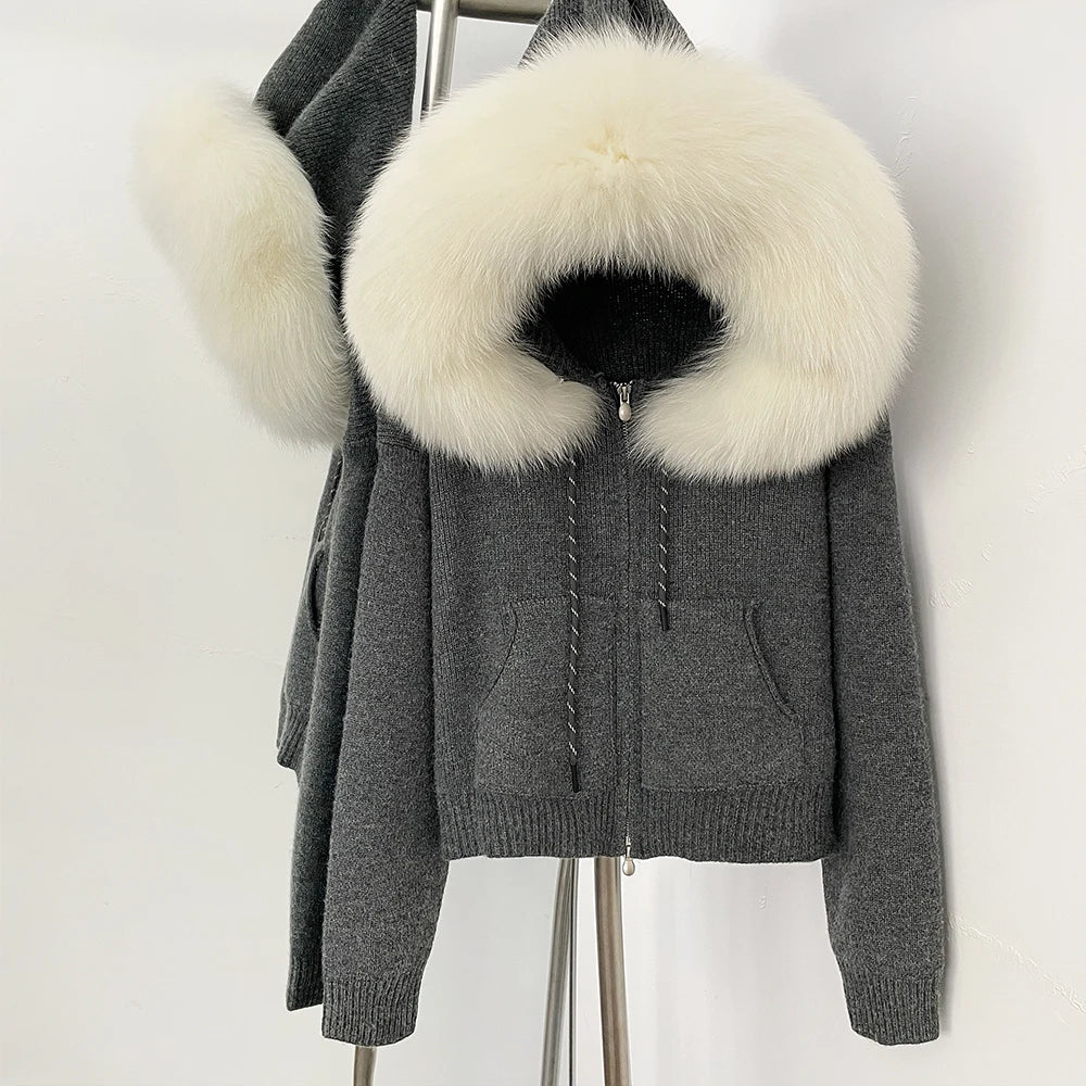 OFTBUY New Women's Beige Knit Hoodie with Large Real Fox Fur Trim Zipper Pockets Warm Winter Fashion Casual Outerwear Lady