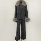 OFTBUY Loose Pants Warm Winter Elegant Casual Outfit Sweater Female New Women's Knit Two Piece Set with Real Fox Fur Collar