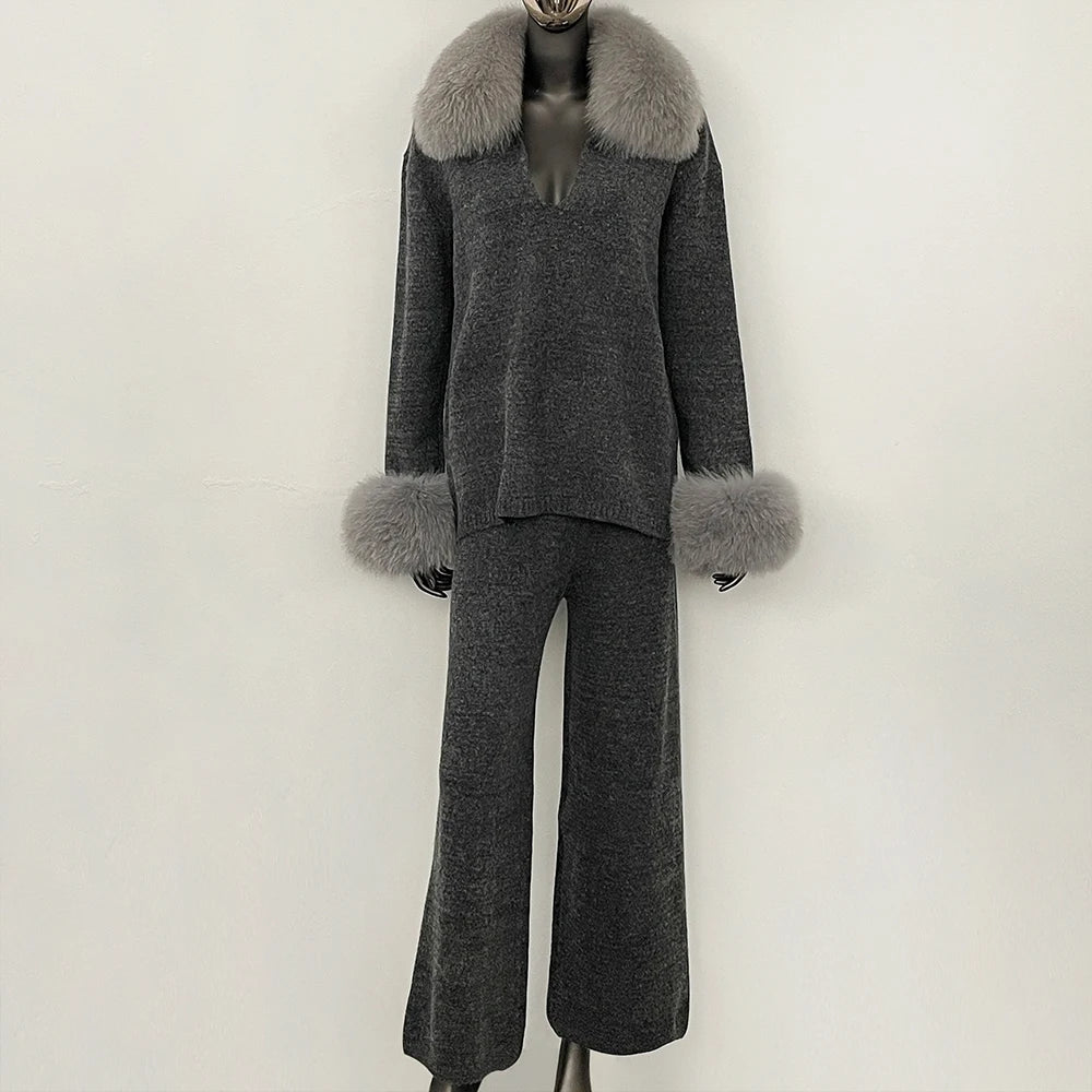 OFTBUY Loose Pants Warm Winter Elegant Casual Outfit Sweater Female New Women's Knit Two Piece Set with Real Fox Fur Collar