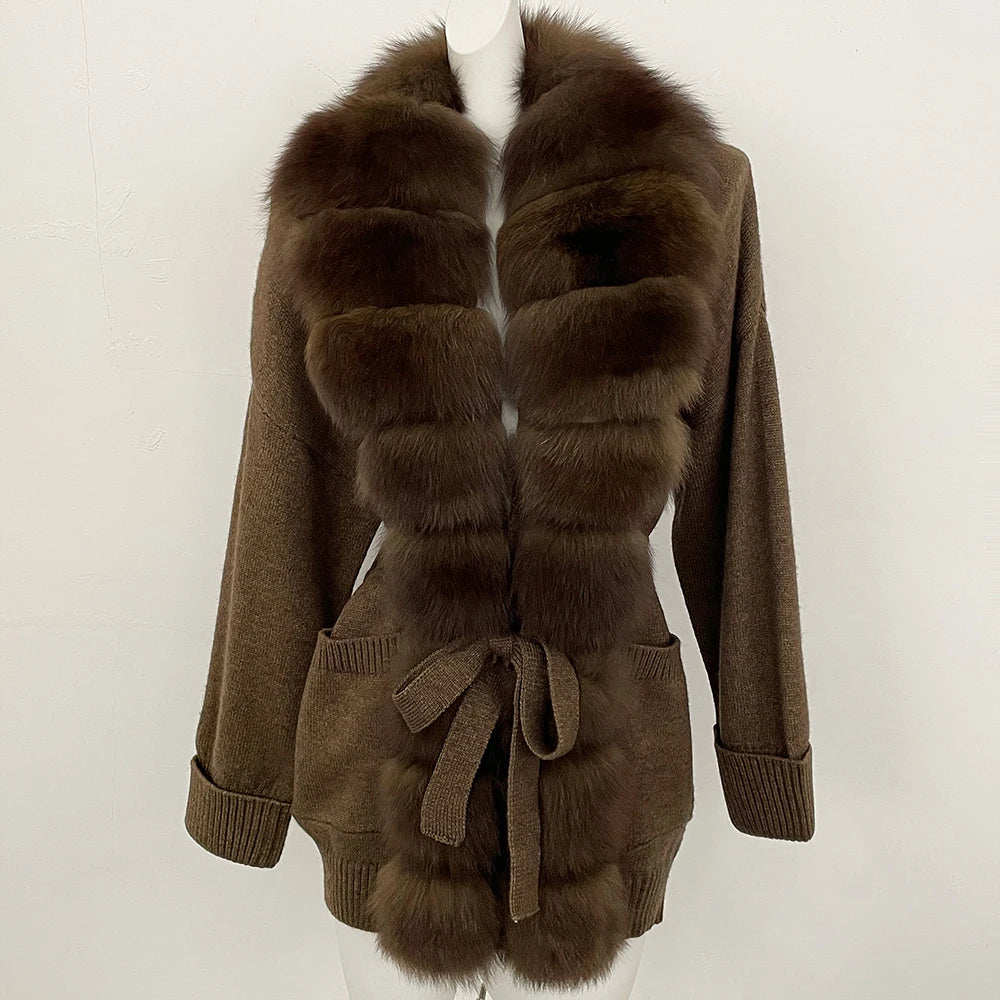 OFTBUY Trim Belted Waist Warm Winter Luxury Fashion Outerwear Sweater Female New Women's Knit Cardigan with Large Real Fox Fur