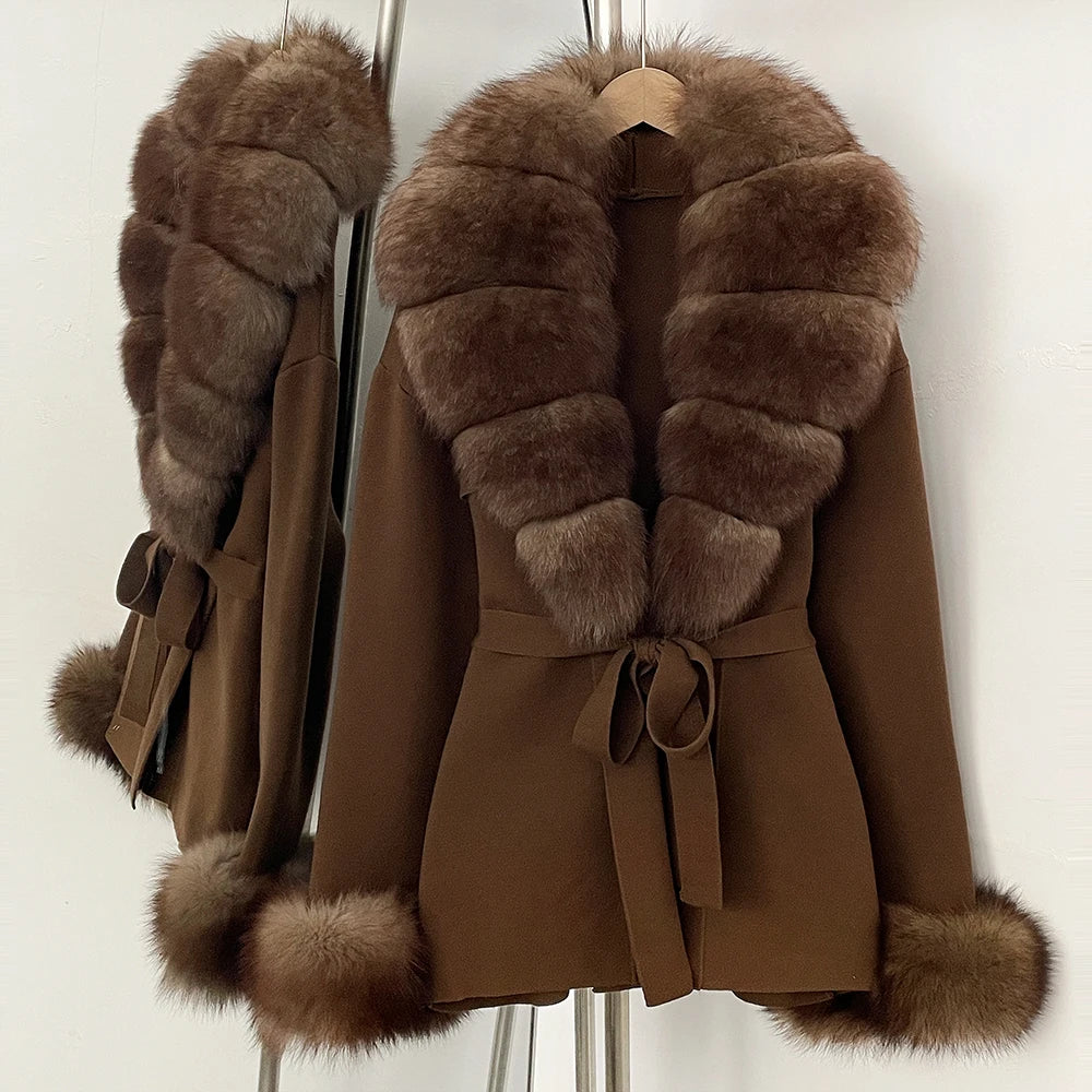 OFTBUY New Women's Knit Cardigan with Real Fox Fur Collar and Cuff Belt Luxury Coat Warm Autumn Fashion Outerwear Sweater Female