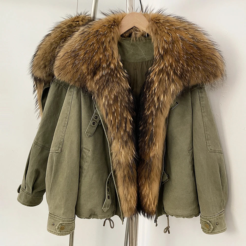 OFTBUY Loose Real Fox Fur Puffer Jacket Lady 100% Cotton Natural Fur Duck Down Coat Female New Winter Thick Warm Clothes Women