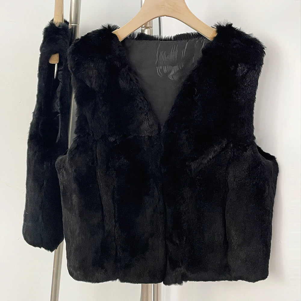 OFTBUY New Autumn Winter Clothes Outerwear Women Natural Patchwork Real Rex Rabbit Fur Vest V-Neck Natural Fur Waistcoat Female