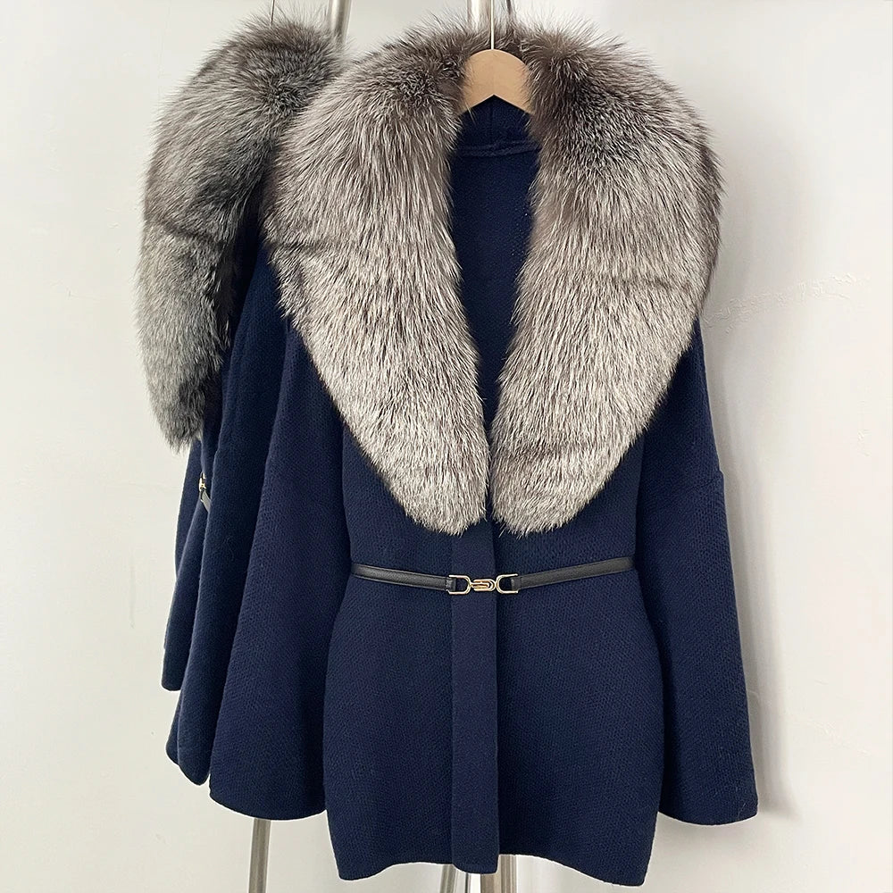 OFTBUY New Autumn Winter Luxury Fashion Outerwear Lady Women's Knit Coat with Large Real Fox Fur Collar Belt Textured Knit Warm