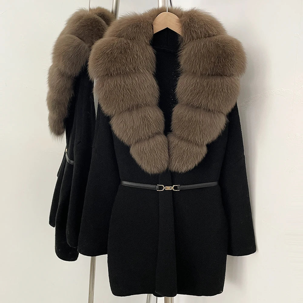 OFTBUY New Autumn Winter Luxury Fashion Outerwear Lady Women's Knit Coat with Large Real Fox Fur Collar Belt Textured Knit Warm