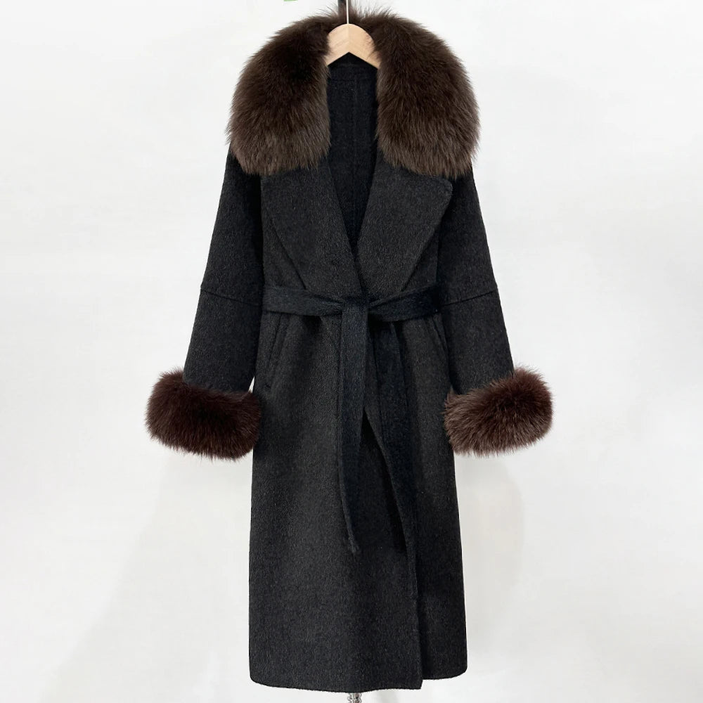 OFTBUY Fashion Warm Wool Coat with Real Fox Fur Collar New Autumn Winter Long Clothing Women Belt Elegant Woolen Jcacket Female