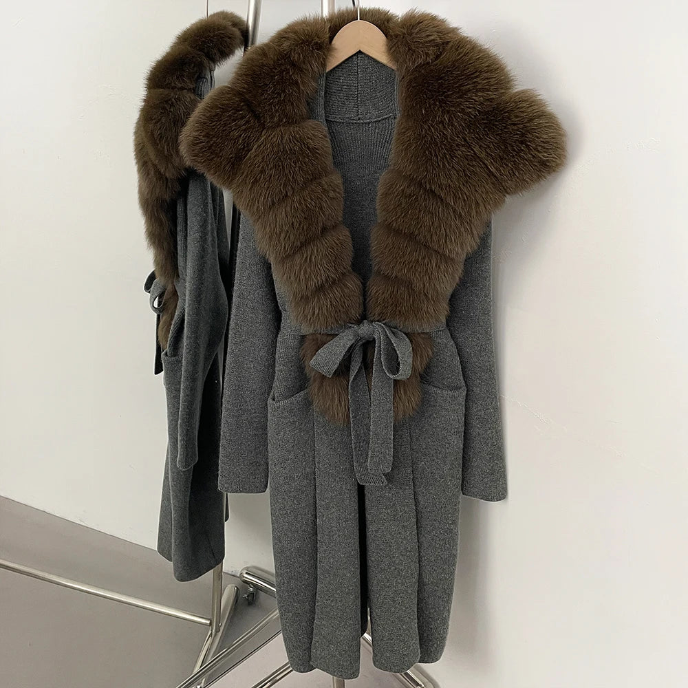 OFTBUY New Natural Fur Collar Long Knit Jacket Women Atrumn Winter Top Clothing Female Fashion Warm Belt Real Fox Fur Cardigan