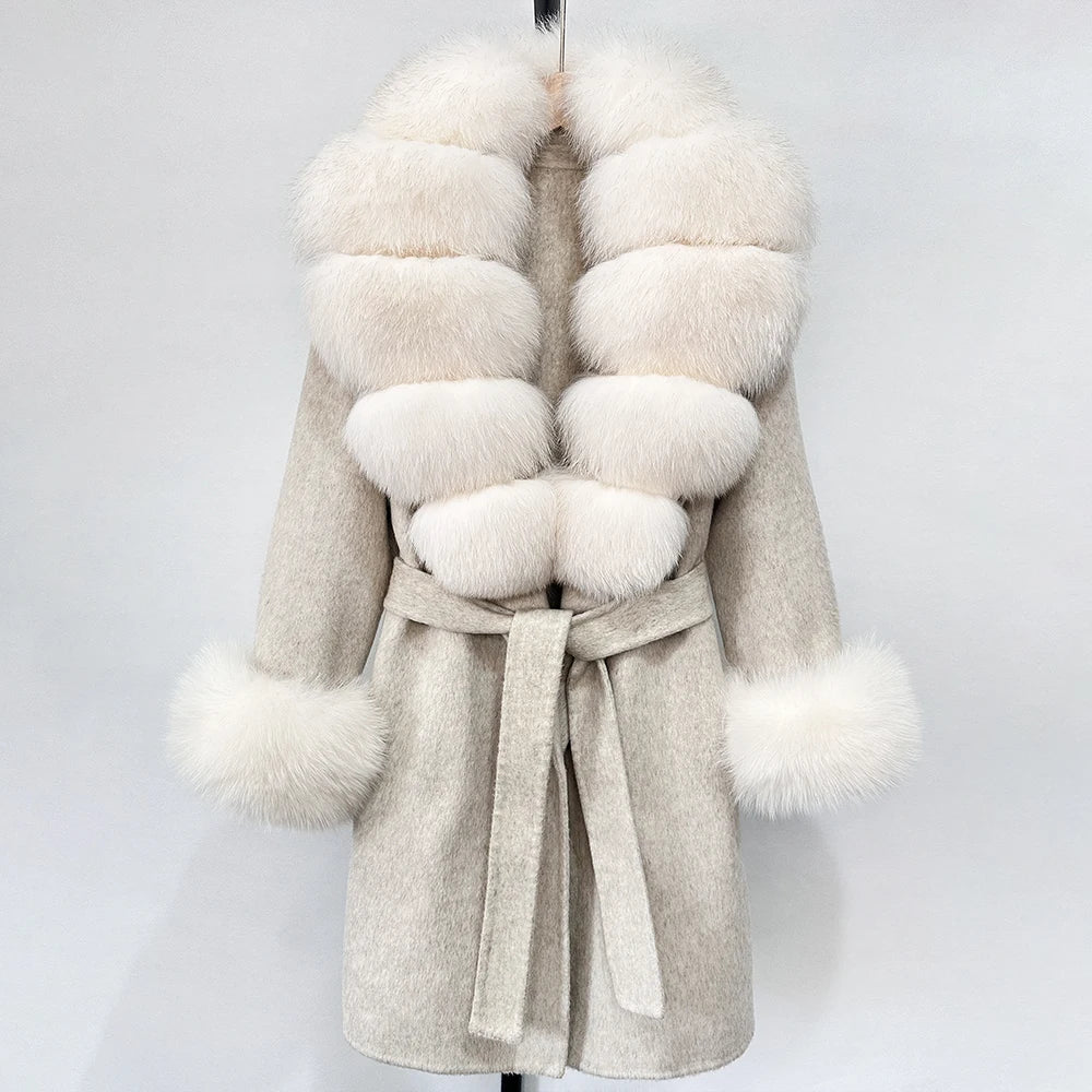 OFTBUY New Autumn Winter Top Clothes Women Belt Natural Fur Wool Coat Female Fashion Warm Woolen Jacket with Real Fox Fur Collar