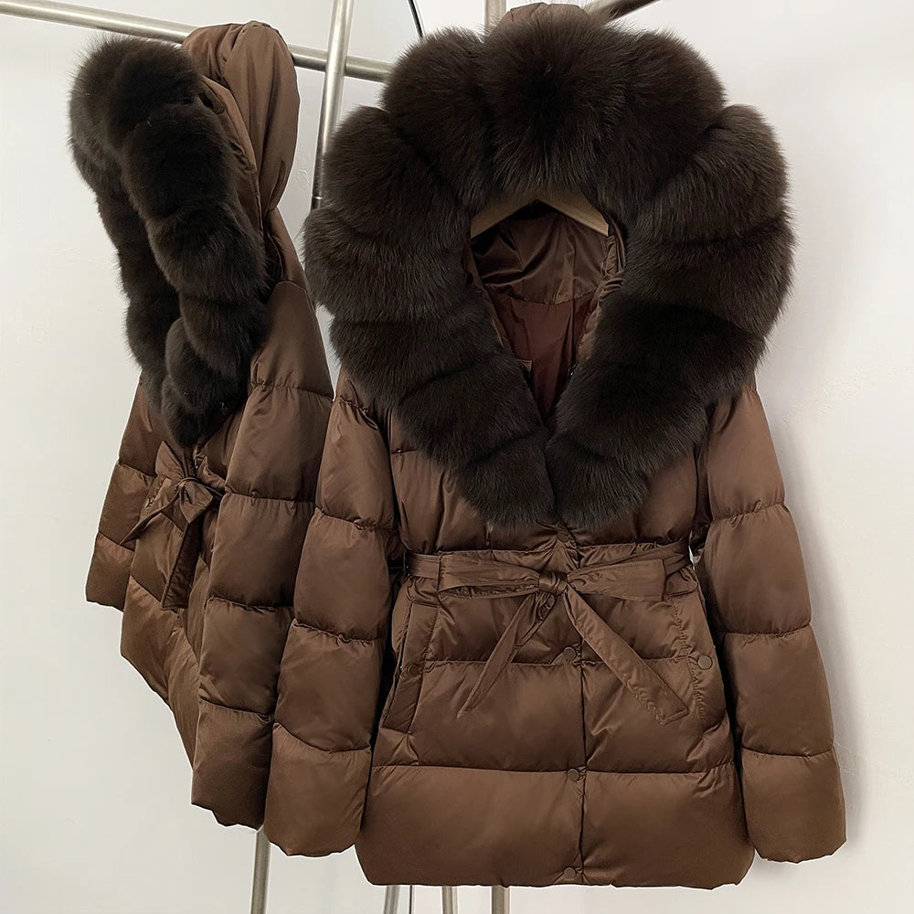 OFTBUY New Women's Duck Down Jacket with Large Real Fox Fur Hood Belted Waist Warm Winter Puffer Coat Lady Luxury Outerwear