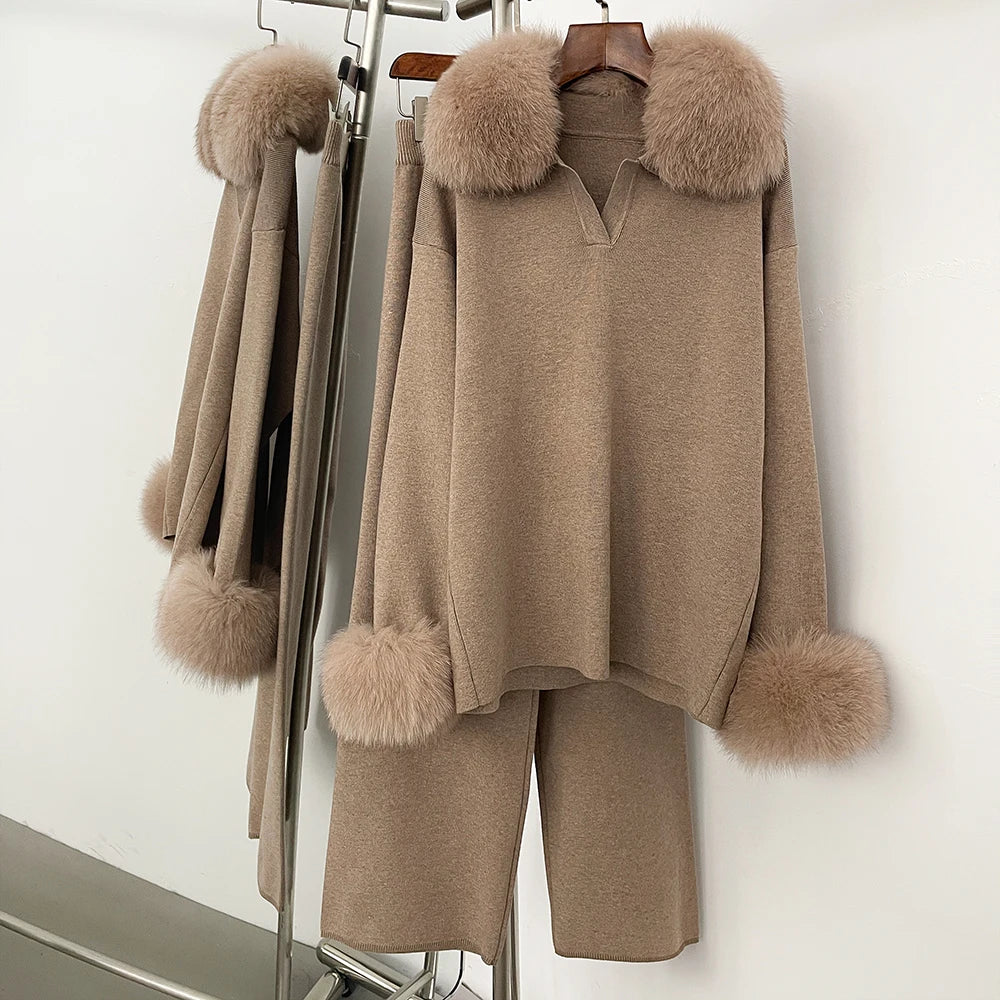 OFTBUY New Autumn Winter Clothing Women Fashion Real Fox Fur Collar Sweater Suit Female Raccoon Fur Pullovers Trousers Set Lady