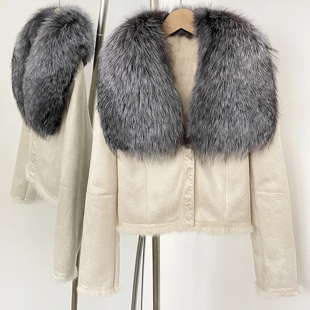 OFTBUY Luxury Suede Jacket with Real Rabbit Fur Lining & Oversized Fox/Raccoon Fur Collar