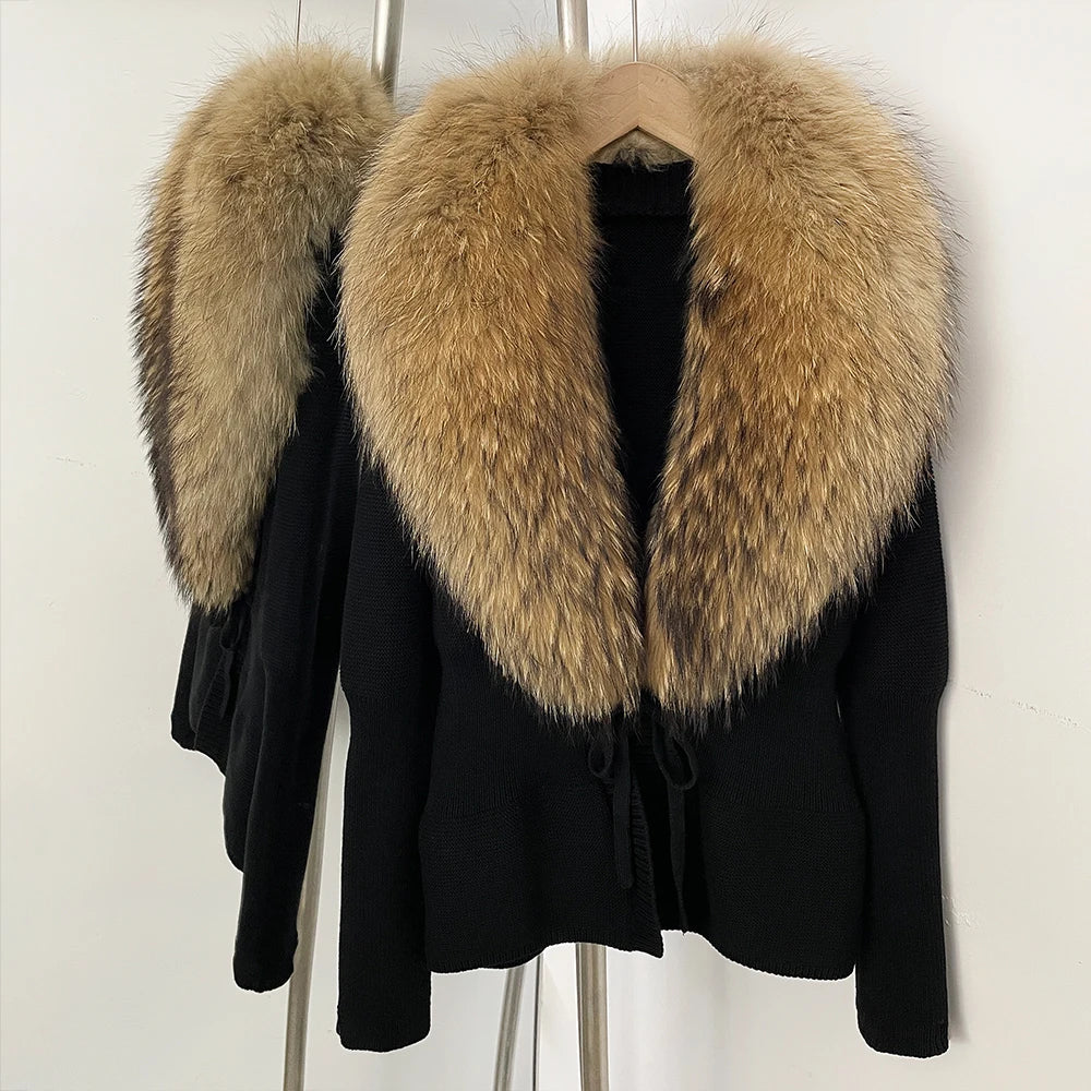OFTBUY Luxury 100% Cotton Jacket with Real Fox Fur Collar New Autumn Winter Knit Cardigan Women Slim Warm Sweater Outerwear Lady