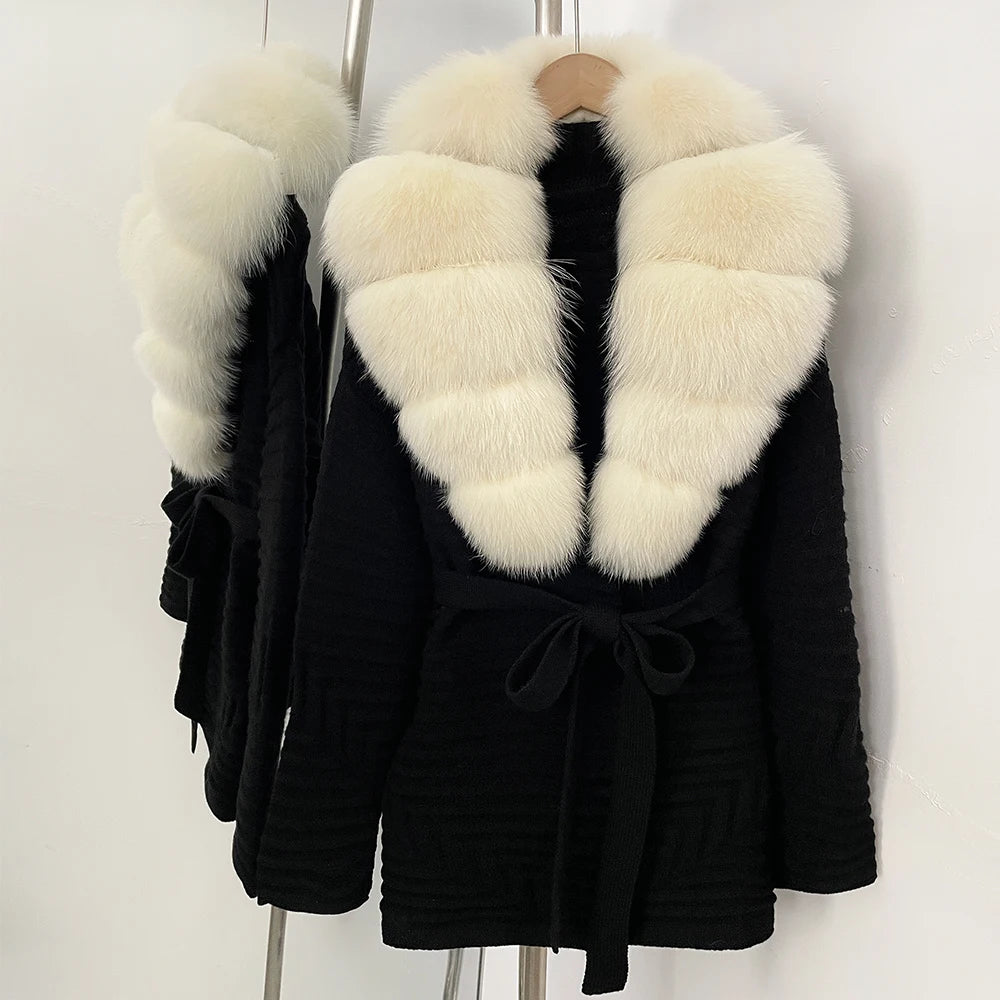 OFTBUY New Women's Knit Coat with Large Real Fox Fur Collar Belted Waist Striped Texture Pockets Winter Luxury Elegant Outerwear