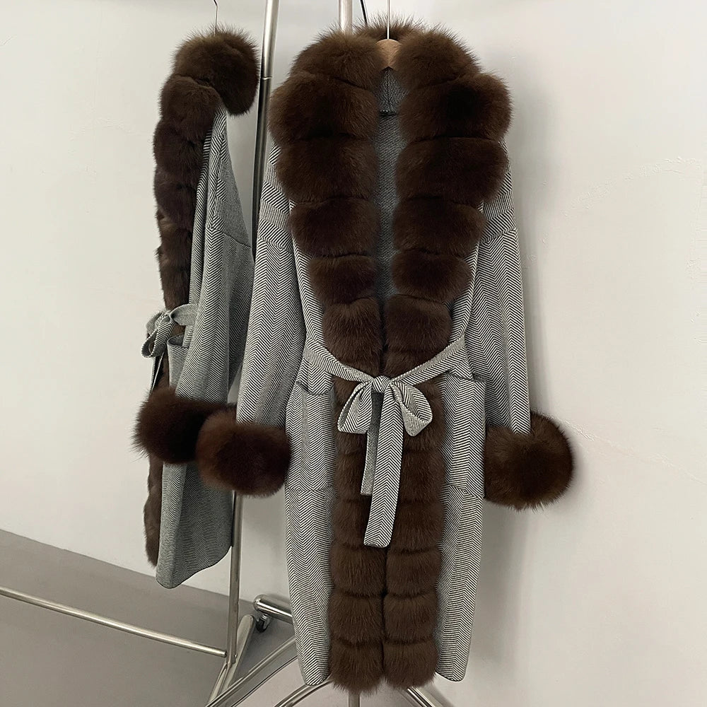 OFTBUY Trim Belted Warm Winter Coat Elegant Fashion Outerwear Female Long Sweater New Women's Knit Coat with Full Real Fox Fur