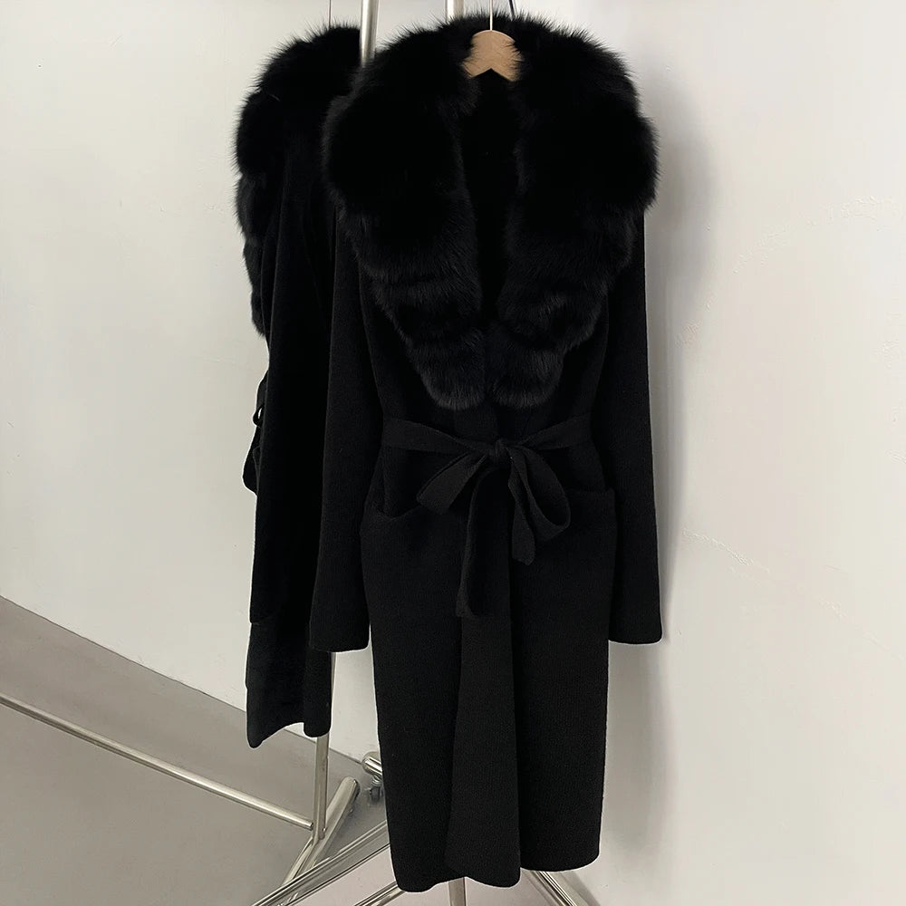 OFTBUY Women's Luxury Brown Knit Cardigan with Real Fox Fur Collar Belted Sweater Coat Female New Fashion Warm Winter Outerwear