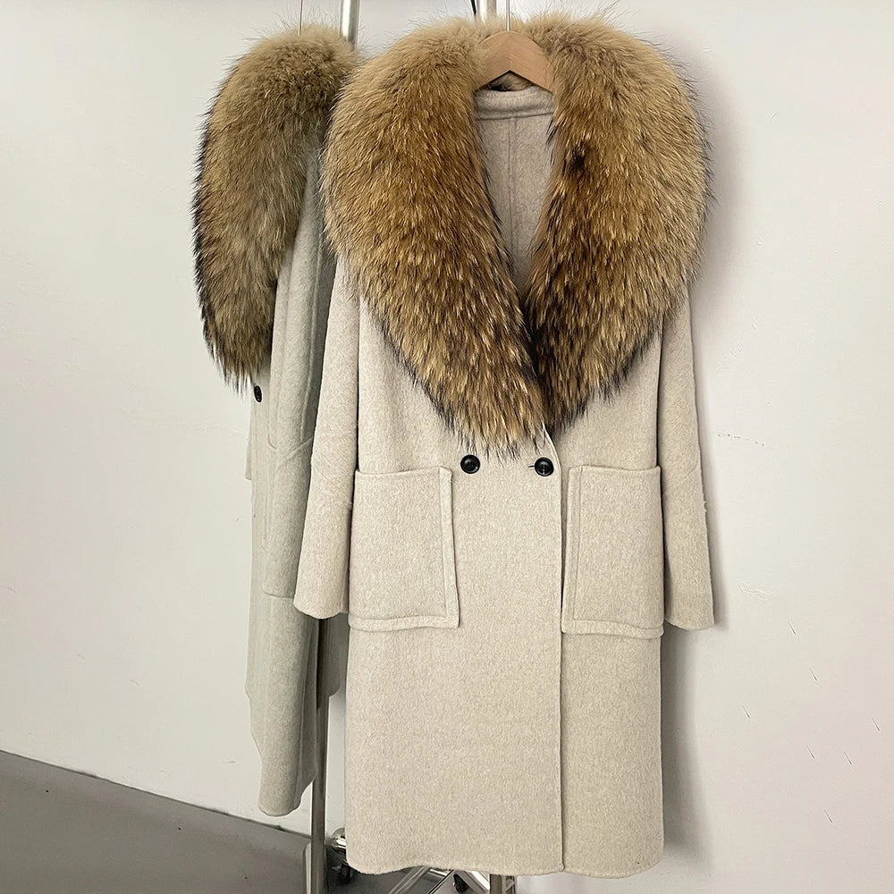 OFTBUY Double Breasted Pockets Long Luxury Warm Winter Outerwear New Women's Double-Faced Wool Coat with Real Fox Fur Collar