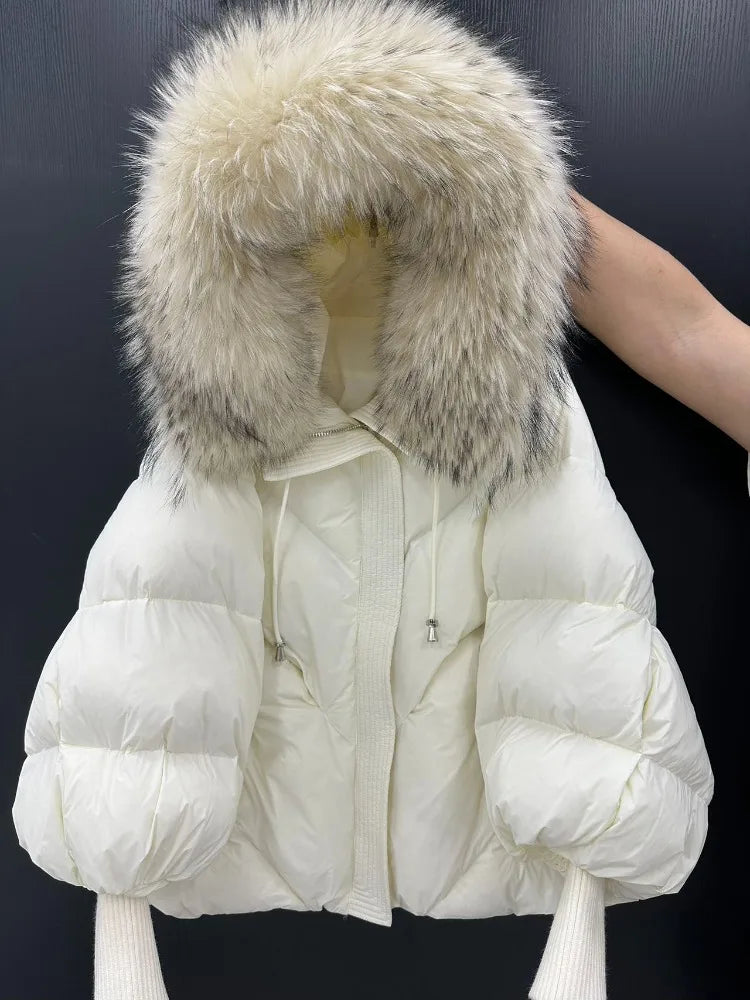 OFTBUY New Winter Large Real Fur Hooded Puffer Jacket Women Thicken Warm Knitted Sleeve Coat Lady White Duck Down Mid Long Parka