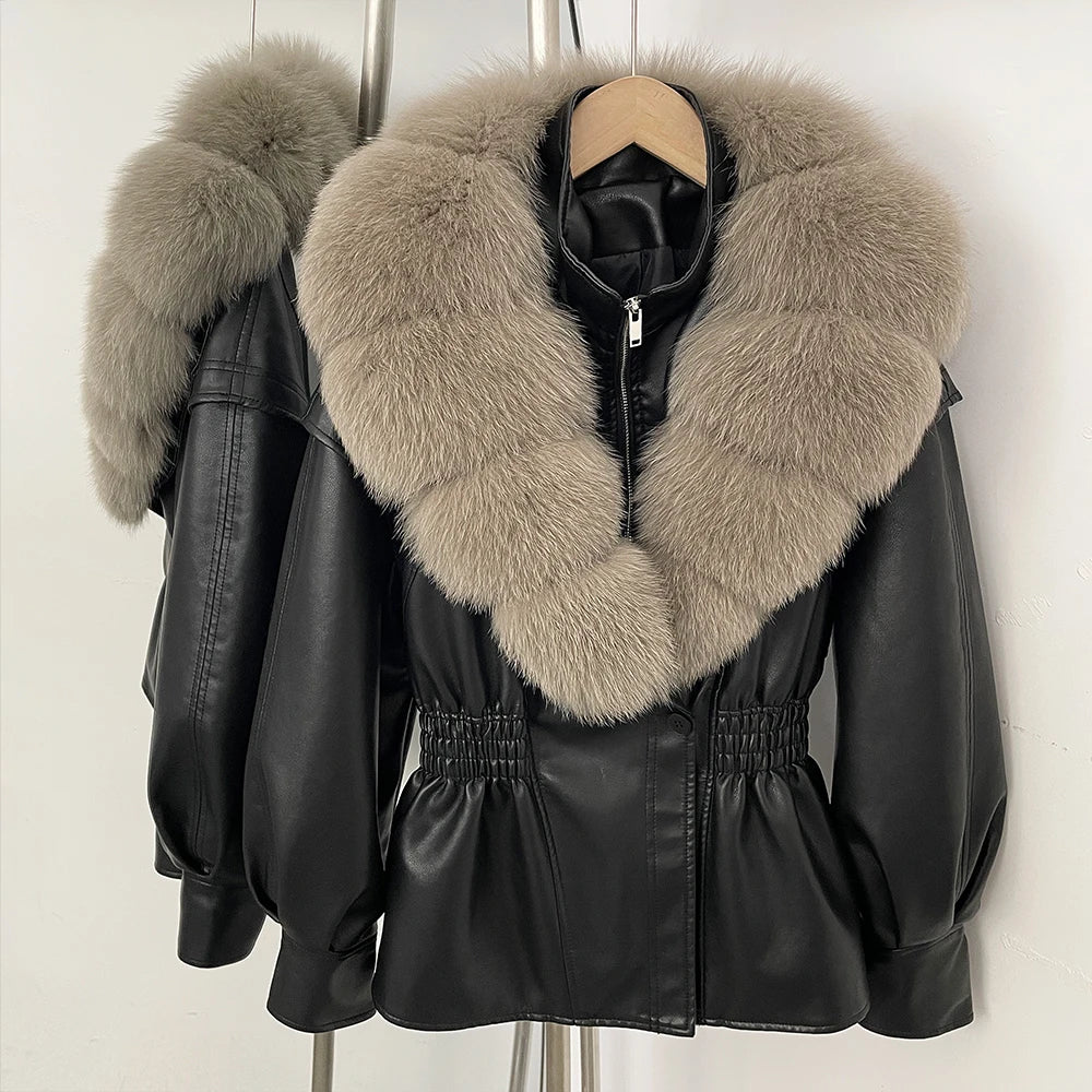 OFTBUY Women's Luxury Real Fox/Raccoon Fur Faux Leather Jacket Elastic Waist New Winter Coat Elegant PU Leather Outerwear Female