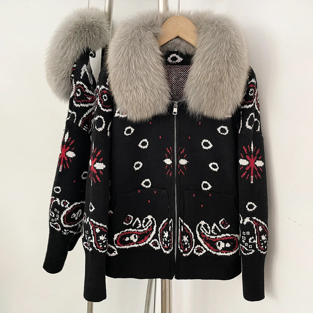 OFTBUY Women's Vintage Real Fox Fur Collar Knit Cardigan Paisley Print Zip Up Sweater Jacket Female Warm Winter Luxury Outerwear