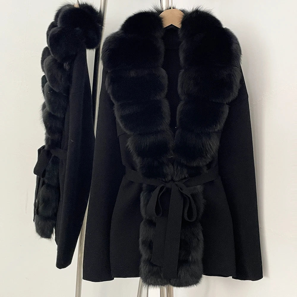 OFTBUY Luxury Warm Winter Fashion Outerwear New Women's Knit Cardigan with Oversized Real Fox Fur Trim Self-Tie Belt Sweater