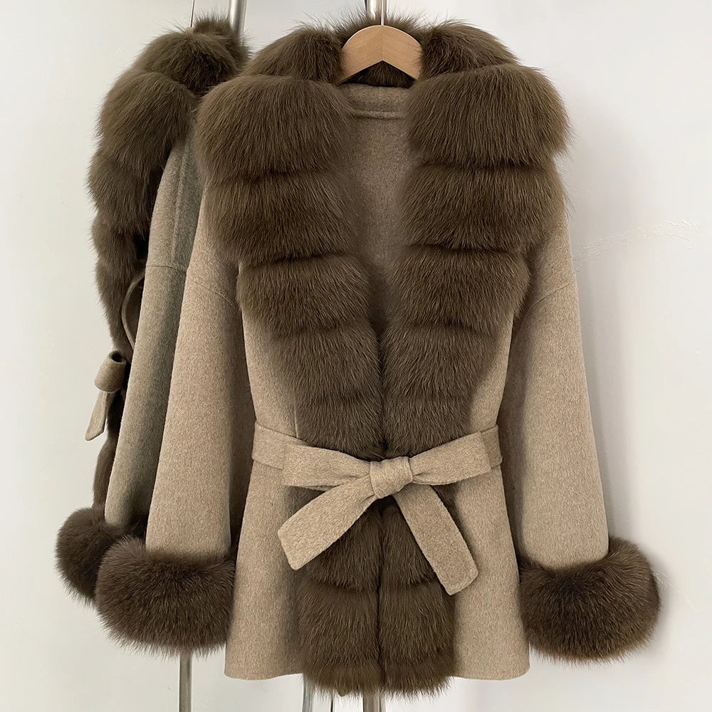OFTBUY Big Natural Fox Fur Pinnacle 100% Wool Coat Female New Autumn Winter Clothes Women Belt Natural Fur Collar Woolen Jacket