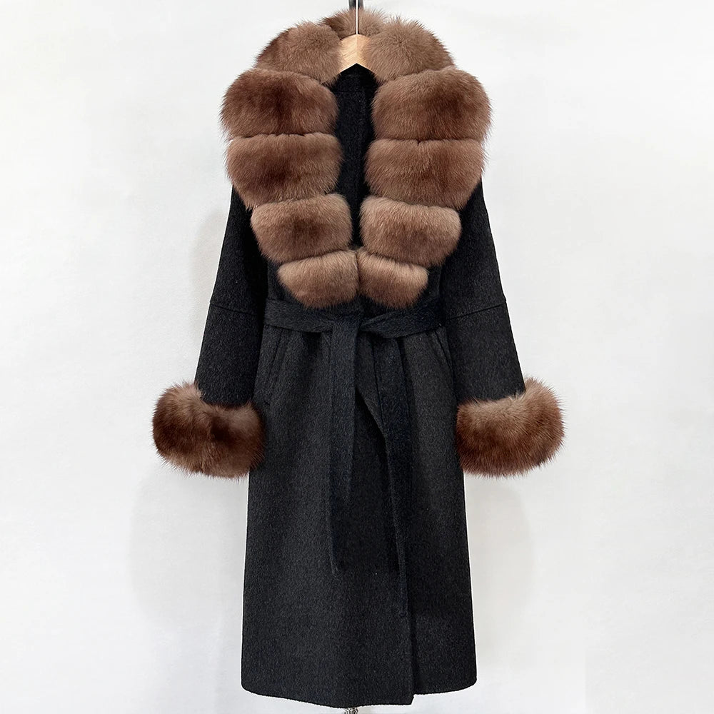 OFTBUY New Women's Double-Faced Wool Coat with Large Real Fox Fur Belted Warm Winter Luxury Fashion Outerwear Woolen Jacket Lady